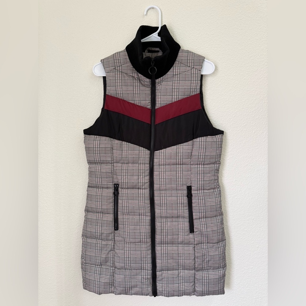 Evereve Peyton Jensen Black Plaid Puffer Full Zip Long Vest Women’s Size M